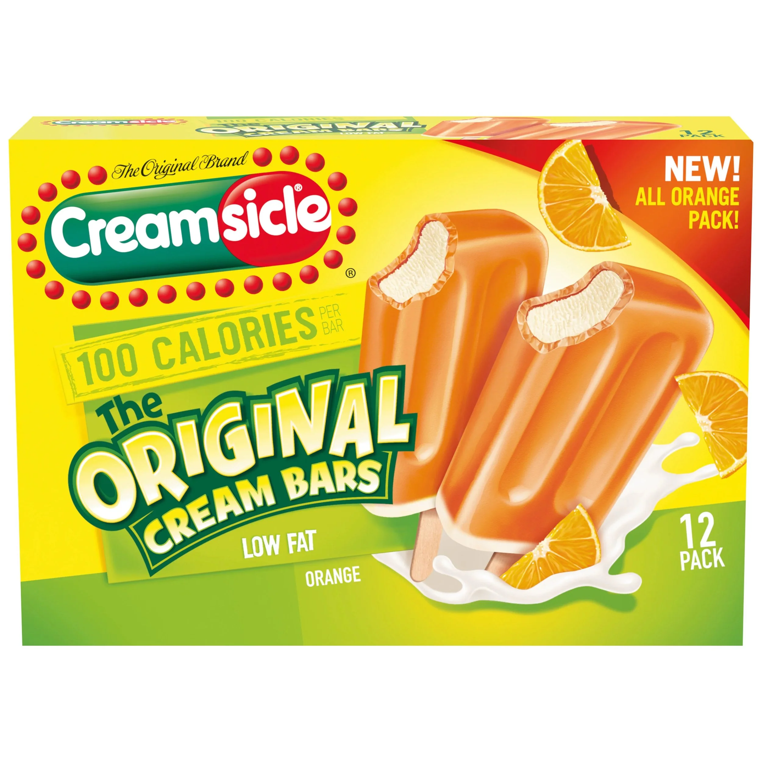 Bright yellow package of Creamsicle ice cream bars with images of orange slices, cream filling, and orange-colored ice cream on the front.