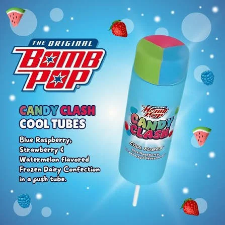 Blue Bomb Pop ice pop with multicolor top and bottom, surrounded by illustrations of strawberries and blueberries, promoting candy clash cool tubes flavors including blue raspberry, strawberry, watermelon, and frozen dairy confection.