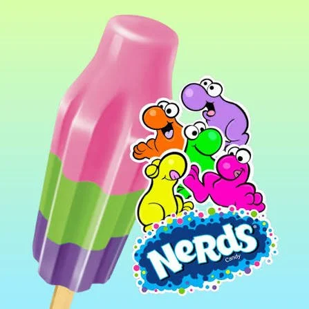 Colorful Nerds candy pop with cartoon worms and Nerds logo.