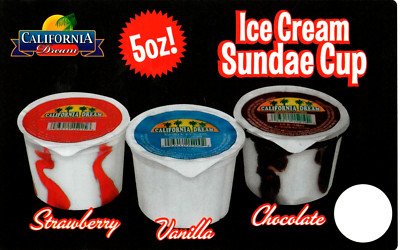 Three cups of ice cream in red, blue, and brown containers labeled strawberry, vanilla, and chocolate, side by side, with a black background and red and white text indicating 5 ounces and ice cream sundae cup.