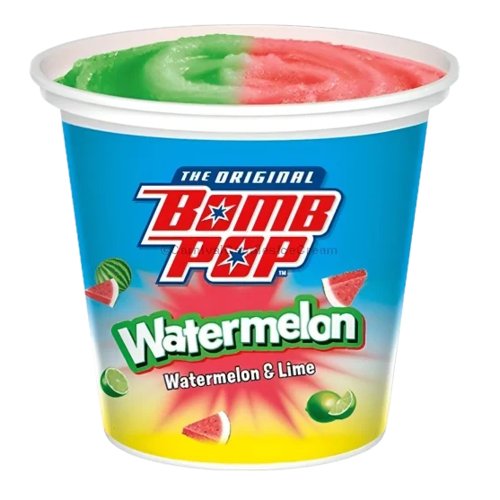 A cup of Bomb Pop Watermelon ice with green, pink, and red colors, flavored with watermelon and lime, featuring watermelon and lime illustrations on the packaging.