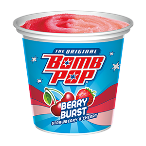 A cup of Bomb Pop Berry Burst frozen treat with strawberry and cherry flavor