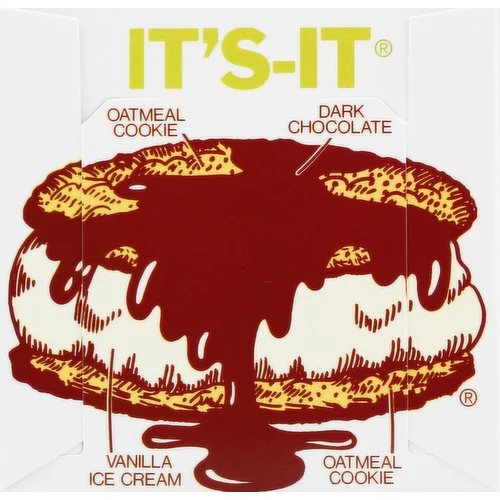 Illustration of an ice cream sandwich with oatmeal cookies as the bun, filled with vanilla ice cream and dark chocolate, with labels indicating the ingredients.