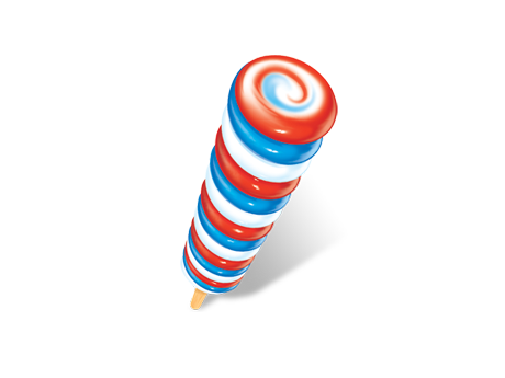 Swirled red, white, and blue lollipop on a stick.