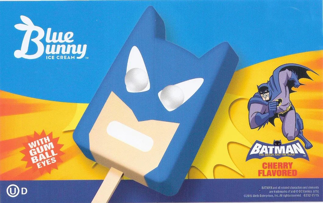 Blue Bunny Batman cherry flavored ice cream popsicle with cartoon batman on the packaging