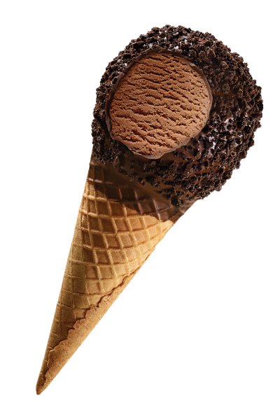 Ice cream cone with chocolate coating and a scoop of chocolate ice cream on top.