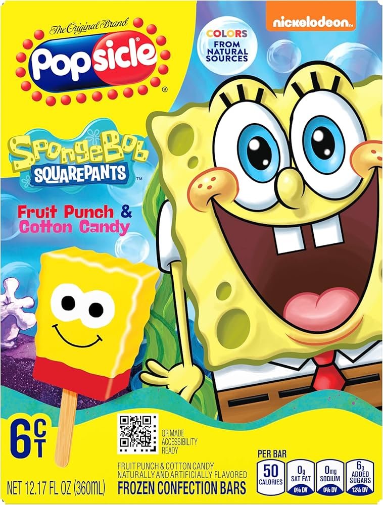 Packaging of SpongeBob SquarePants themed frozen confection bars, featuring SpongeBob's smiling face, with flavor flavor of fruit punch and cotton candy, 6 cents.