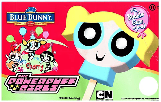 Powerpuff Girls themed Bubble Gum container featuring Blossom with big eyes and three balloons holding Powerpuff Girls characters and the Blue Bunny logo.