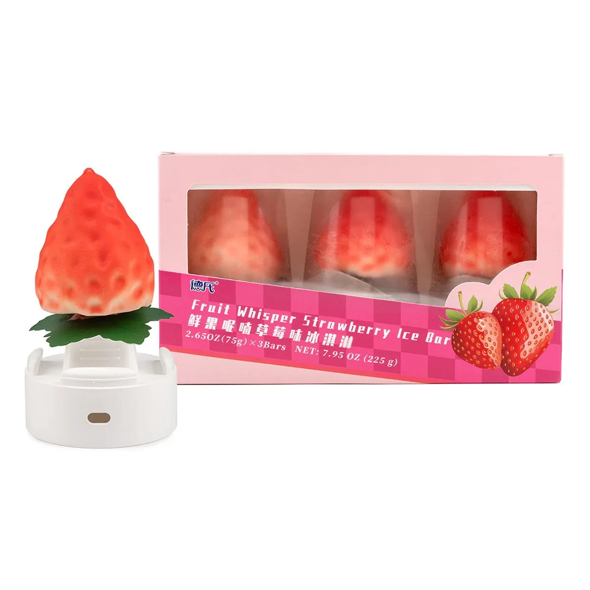 A strawberry-shaped ice cream bar on a white stand with a green leaf, next to a pink box containing three strawberry ice cream bars labeled 'Fruit Whisper Strawberry Ice Bar'.