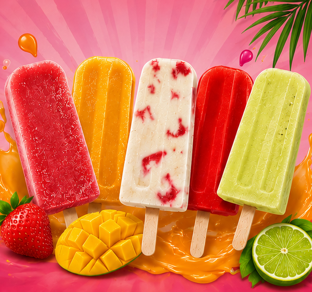 Five colorful popsicles arranged in a row against a pink background with tropical leaves. A strawberry, mango, and lime slices are in the foreground, along with a sliced mango and splashes of juice.