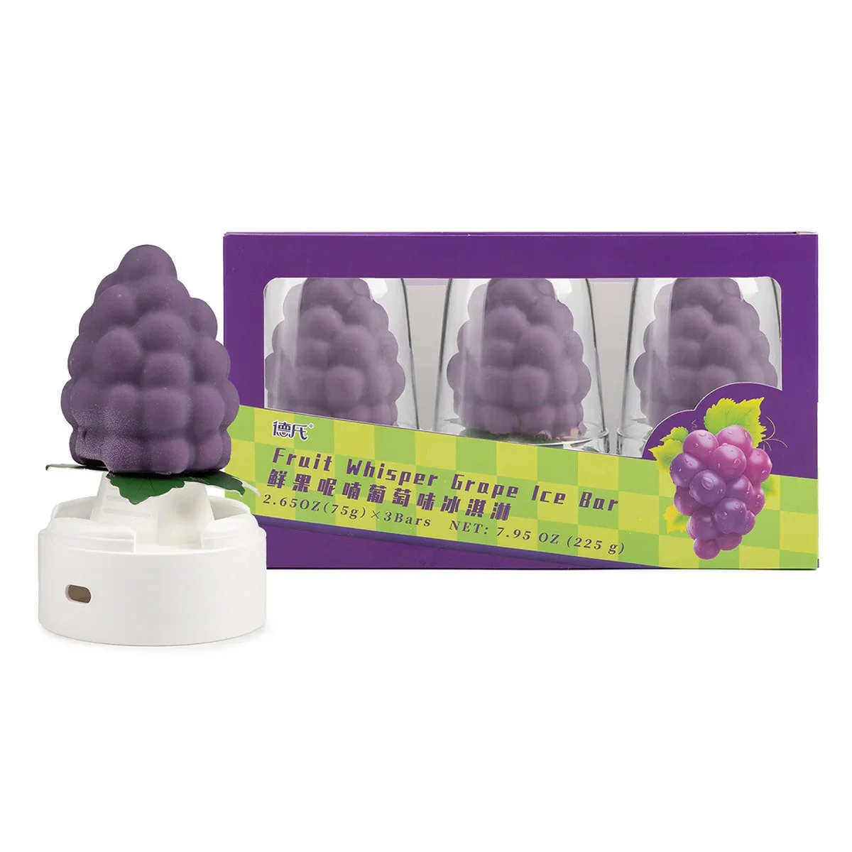Purple grape-shaped ice cream bar on a white stand with a purple and green box containing three similar grape-shaped ice cream bars.