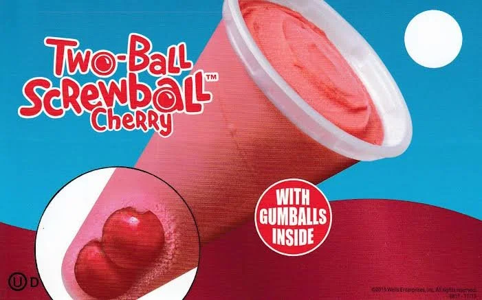 Packaging of a Cherry Two-Ball Screwball frozen treat with gumballs inside. The package features a large image of the treat with a close-up of the gumballs.