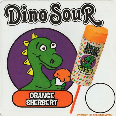 Dino Sour Orange Sherbet ice cream with a cartoon dinosaur holding an orange ice cream cone on the packaging.