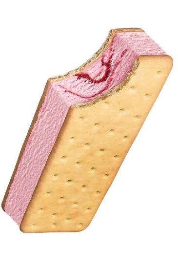 A partially eaten rectangular saltine cracker with pink strawberry-flavored frosting on the top.