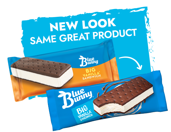 Two Blue Bunny Big Vanilla Sandwich ice cream bars in blue packaging, with one unwrapped to show the vanilla ice cream and chocolate cookie exterior. The packaging has text indicating a new look but the same product.