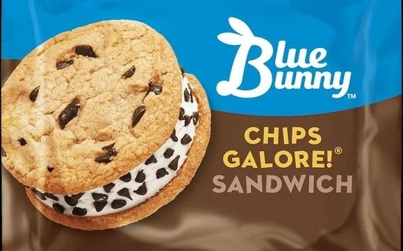 Blue Bunny Chips Galore! Cookie Sandwich package with an image of a cookie sandwich with chocolate chips and cream filling.