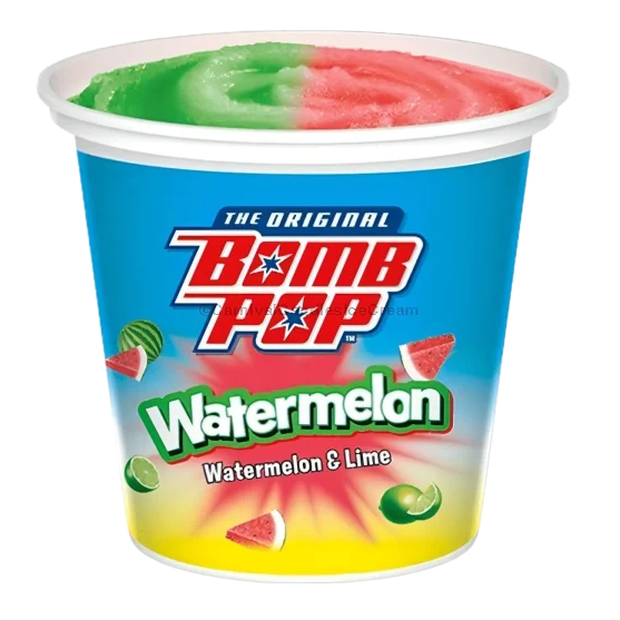 A Cup of Bomb Pop Watermelon flavored frozen treat with watermelon and lime flavoring, featuring red, green, and white swirls in a plastic cup.