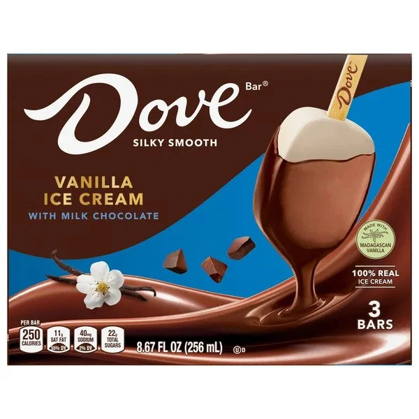 A box of Dove Silky Smooth Vanilla Ice Cream bars with milk chocolate coating, featuring an ice cream bar with vanilla ice cream inside, a vanilla flower, chocolate pieces, and a vanilla bean, stating it contains 3 bars with 250 calories each.