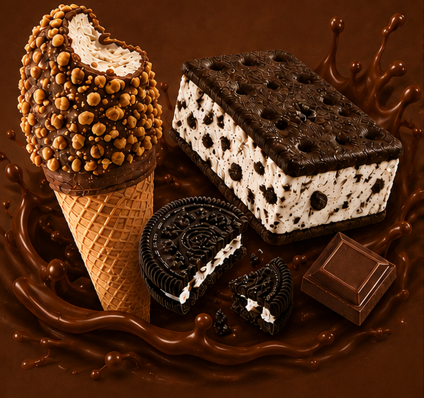 Ice cream cone coated with chocolate and nuts, Oreo cookies, and a chocolate bar on a chocolate surface with splashes of melted chocolate