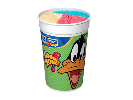 A tub of Looney Tunes-themed ice cream with colorful blue, yellow, pink, and white flavors, featuring a cartoon image of Daffy Duck on the label.