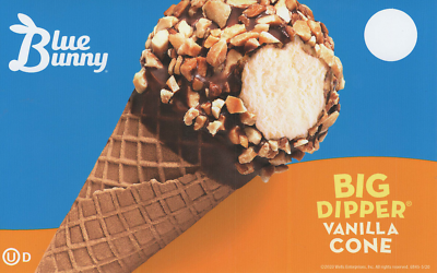 Blue Bunny Big Dipper vanilla ice cream cone with chopped nuts on top, in a waffle cone against a blue background.