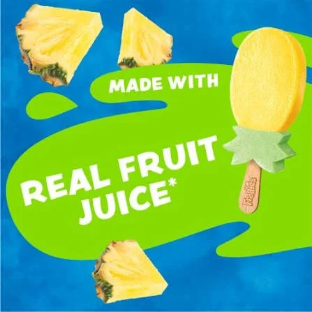 Pineapple pieces and a pineapple-flavored popsicle with the text 'Made with real fruit juice' on a blue background.