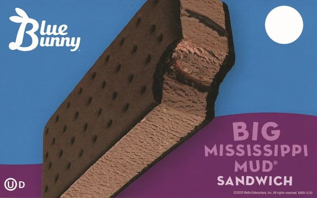 Blue Bunny ice cream bar with chocolate coating and a cookies and cream filling, called Big Mississippi Mud Sandwich, on a blue and purple background.
