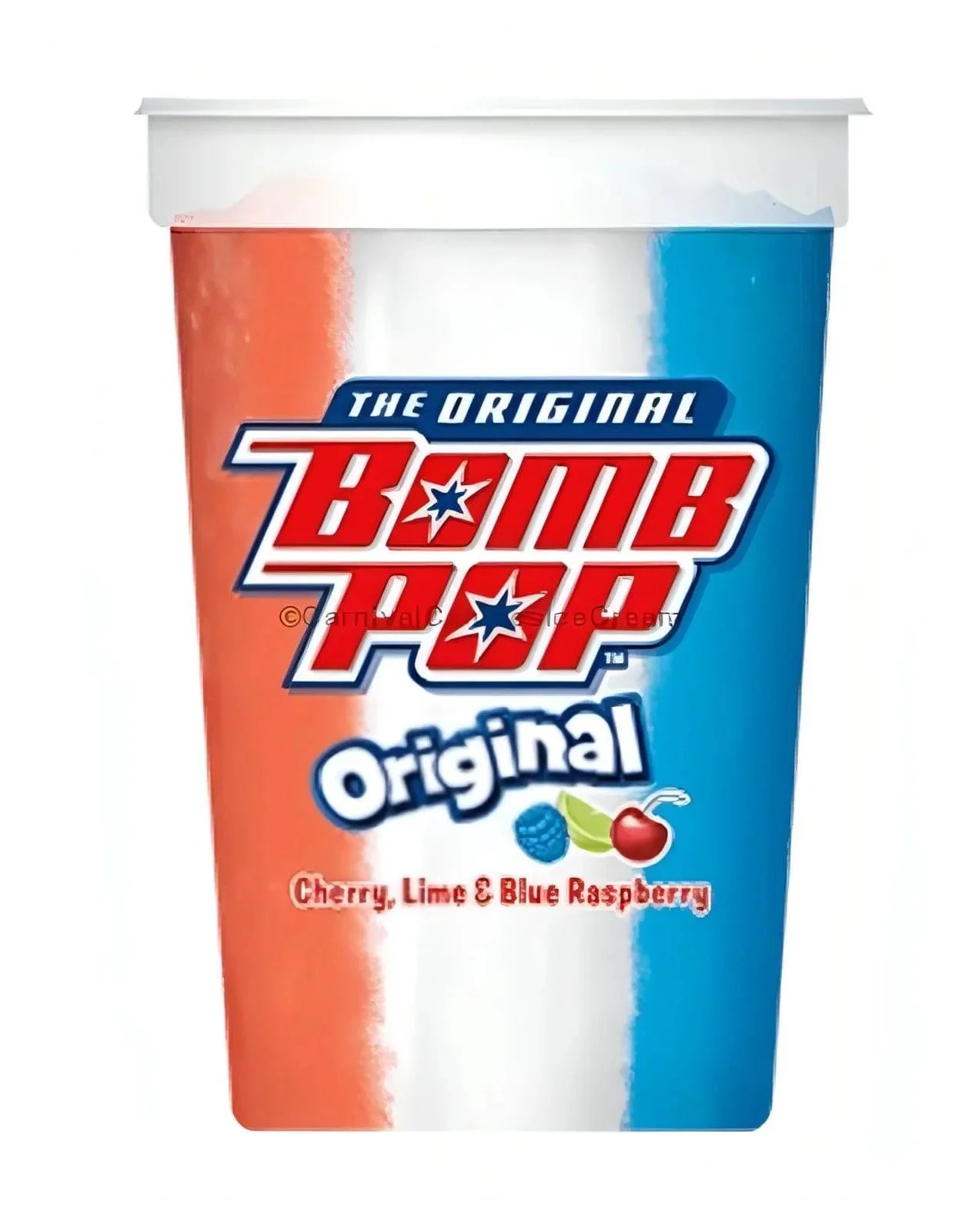 A package of BOGO Top ice pops in Cherry, Lime, and Blue Raspberry flavors with red, white, and blue packaging.