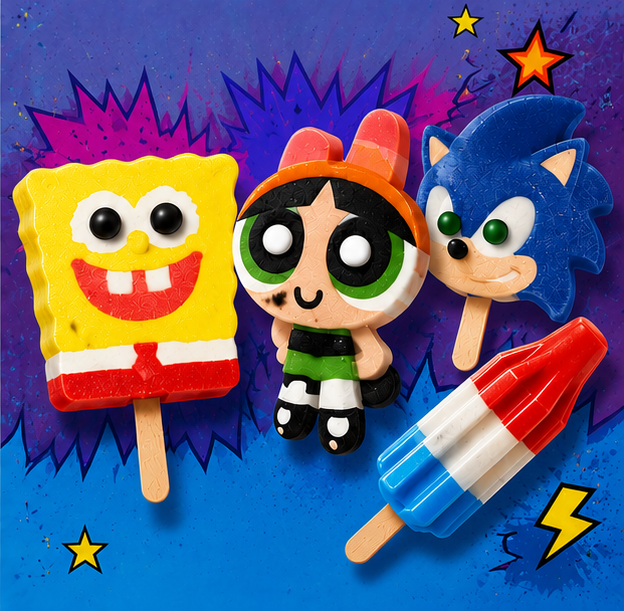 Colorful ice pops featuring SpongeBob SquarePants, a character with big green eyes, a blue hedgehog resembling Sonic, and a red, white, and blue striped popsicle on a vibrant comic-style background with stars and lightning bolts.