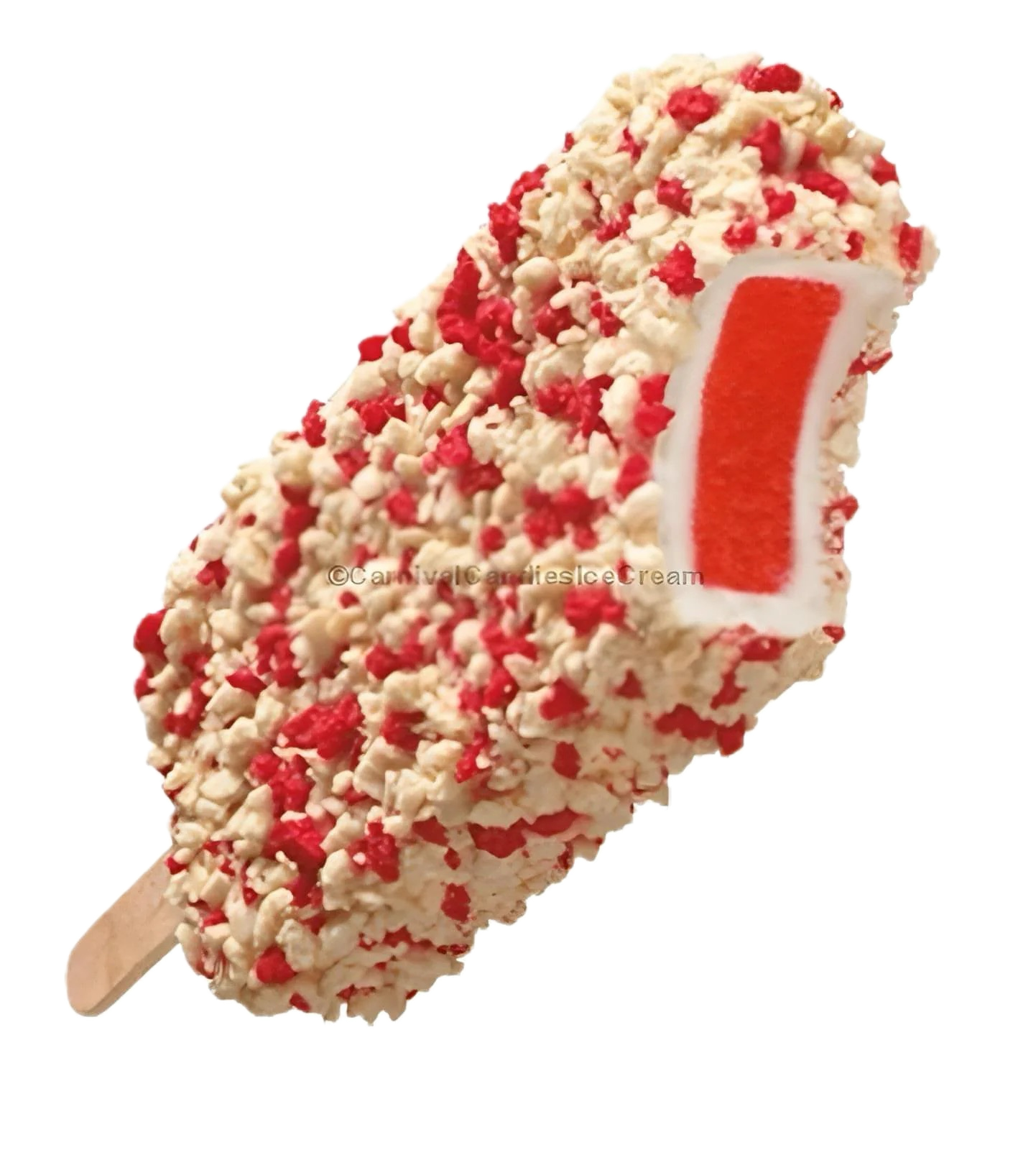 Candy ice cream bar coated with white and red sprinkles and a white coating, with a bite revealing bright orange ice cream inside.