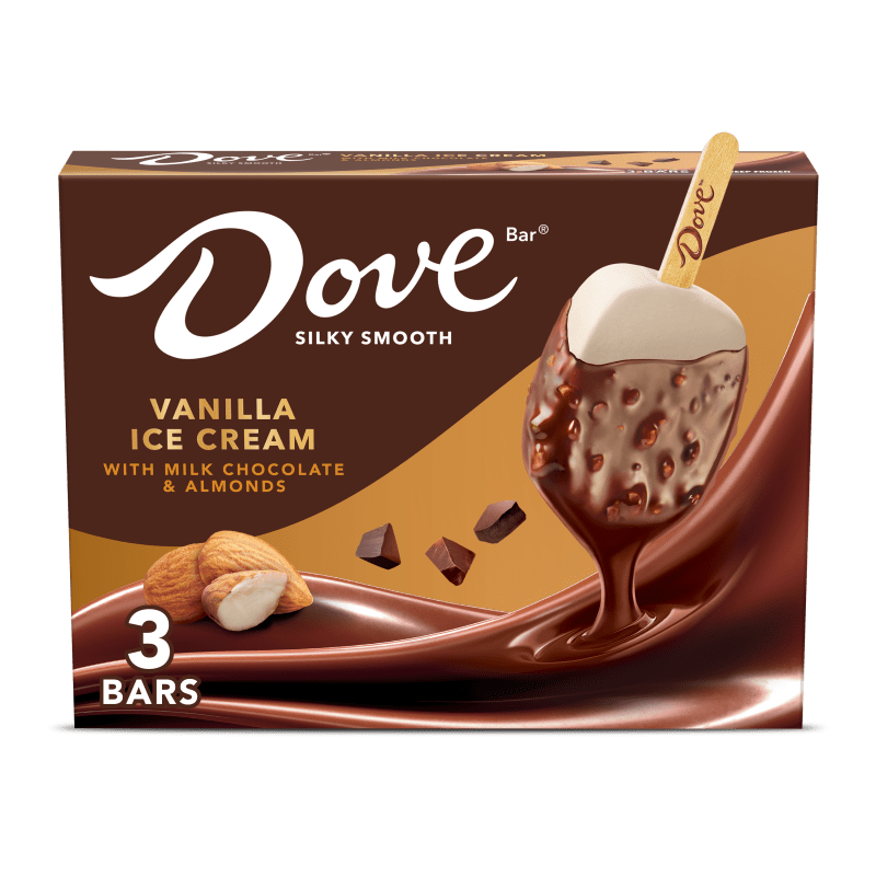 A box of Dove Snaky Smooth Vanilla Ice Cream bars with milk chocolate and almonds. The box features an image of one ice cream bar with a bite taken out, showing the chocolate coating with almonds, a wooden stick with the Dove logo, and a swirl of mel