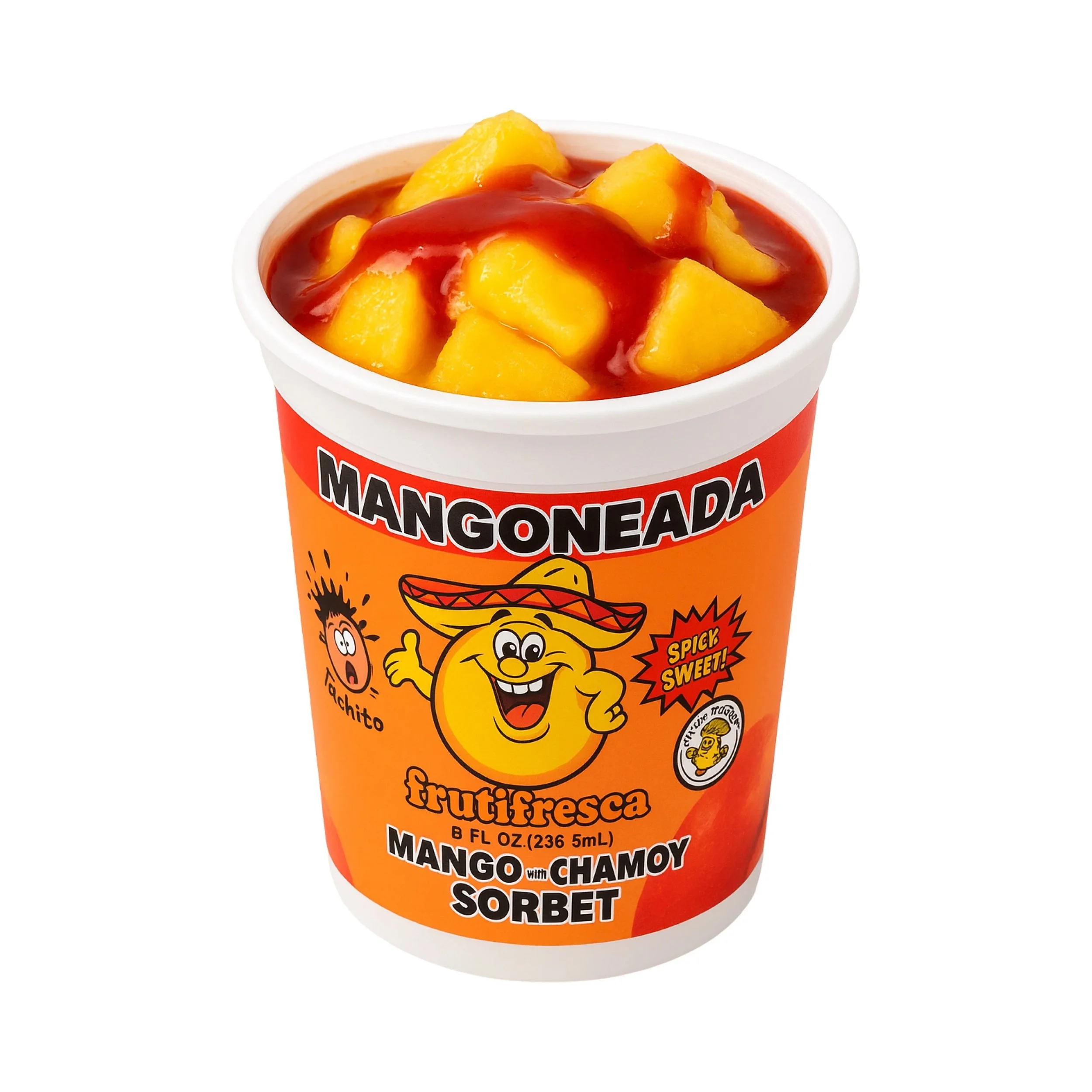 A cup of mango chunks with chamoy sauce and a sorbet on the label.