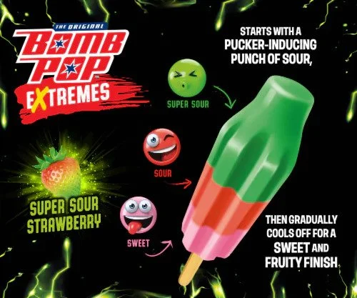 A commercial for Bomb Pop Extremes featuring a Super Sour Strawberry flavored popsicle that starts with a puckering, sour punch, then cools into a sweet, fruity finish. The image shows a green and pink popsicle with expressions representing sour, swe