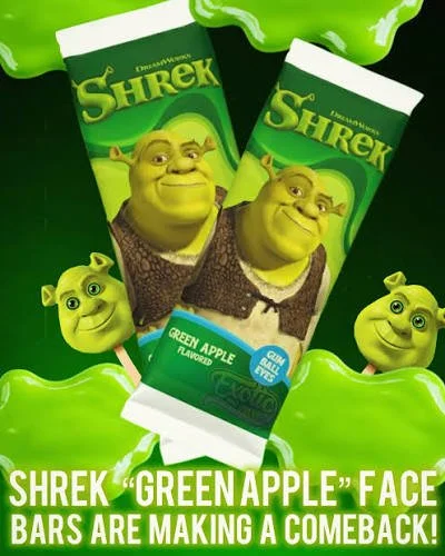 Shrek-themed green apple flavored face bars with Shrek character images on the packaging and background of green apple faces.