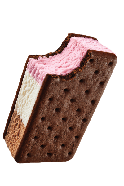 A colorful ice cream sandwich with pink, vanilla, and brown ice cream between chocolate cookies.