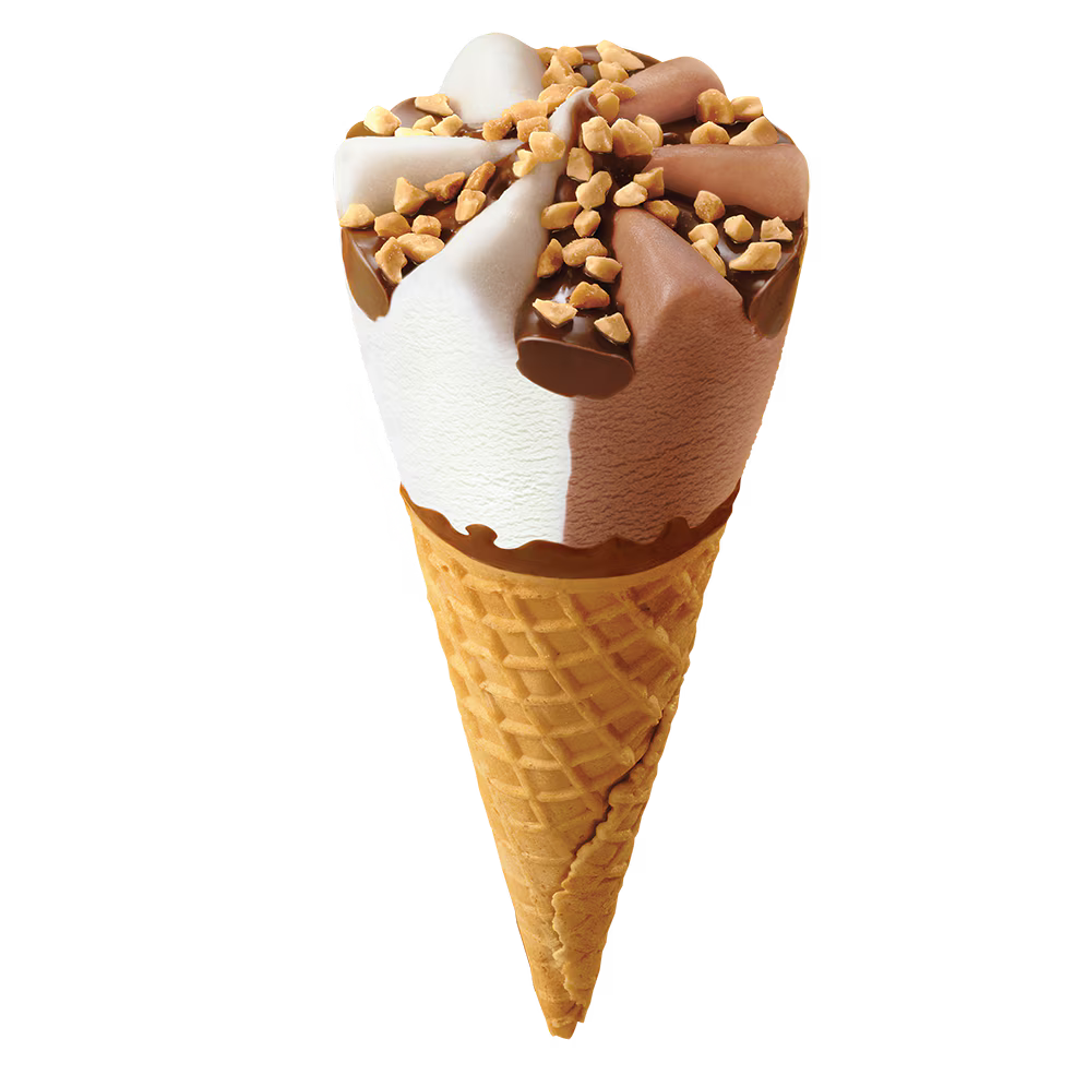 Ice cream cone with two flavors, chocolate and vanilla, topped with chopped nuts.