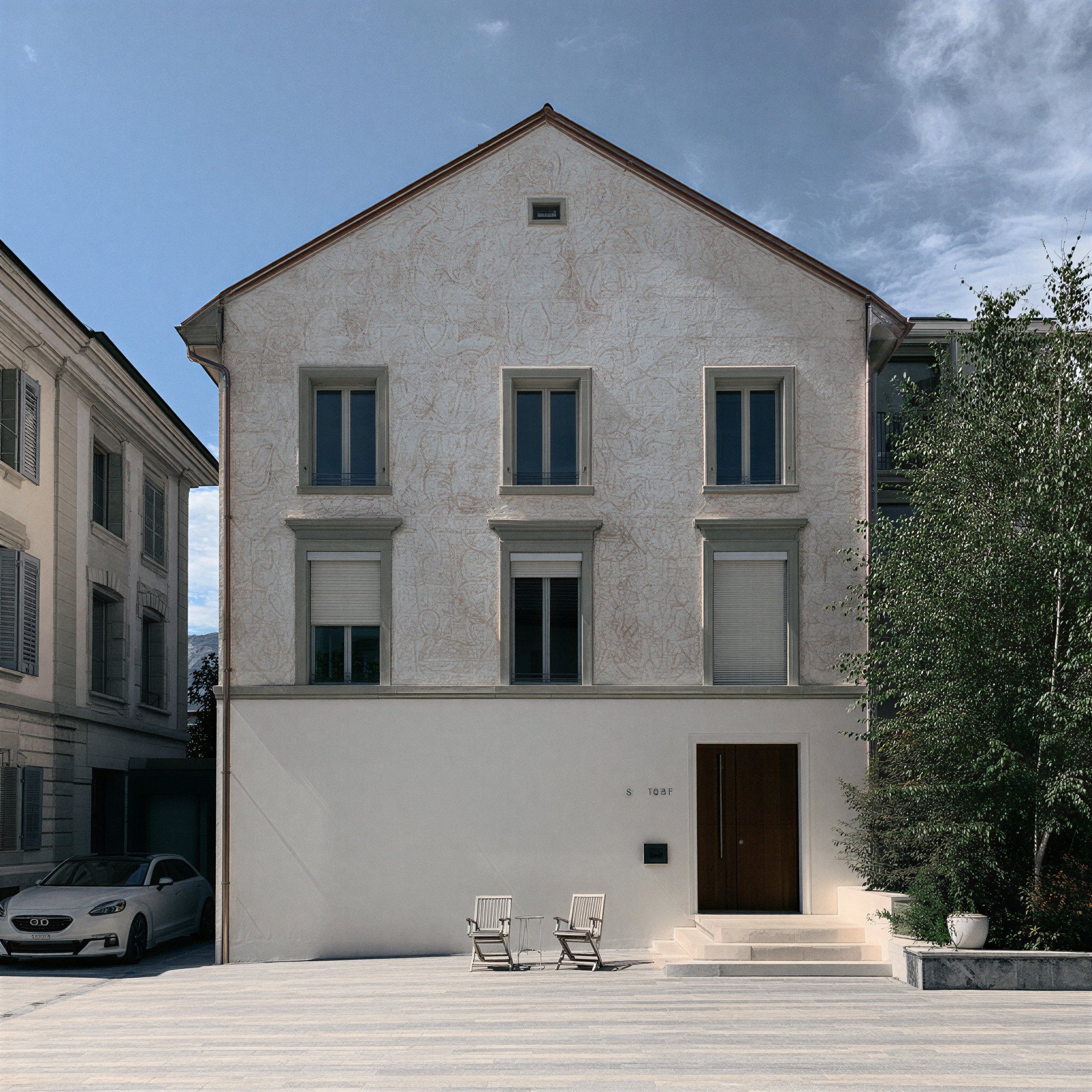 Modern white building with four tall windows on the top floor, a small window at the top center, a door at the bottom right, and a small patio area with two chairs and a small table in front. A car is parked to the left of the building, and there are some plants and trees nearby. The sky is partly cloudy.