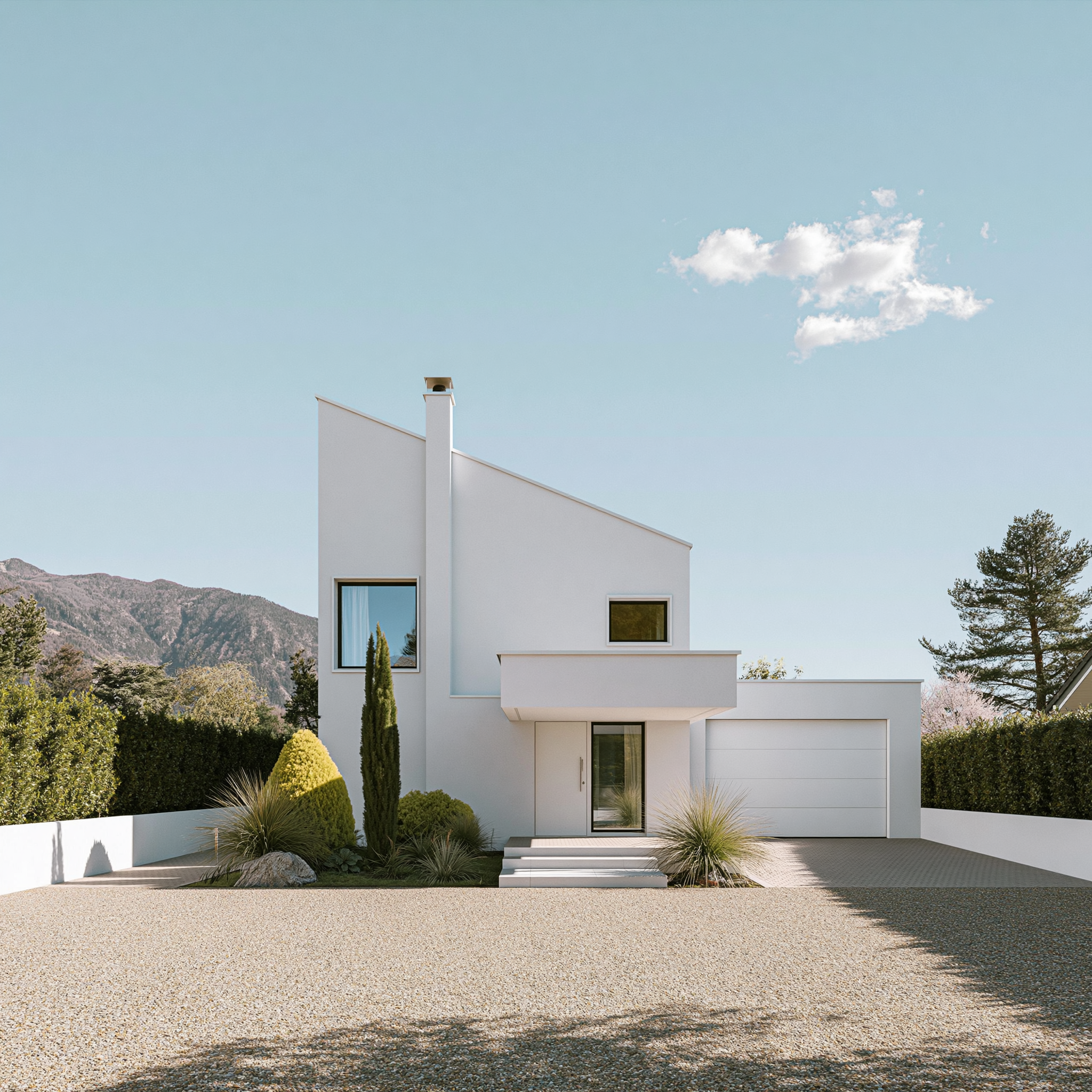 Modern white house with large windows, surrounded by trees and shrubbery under a clear blue sky.