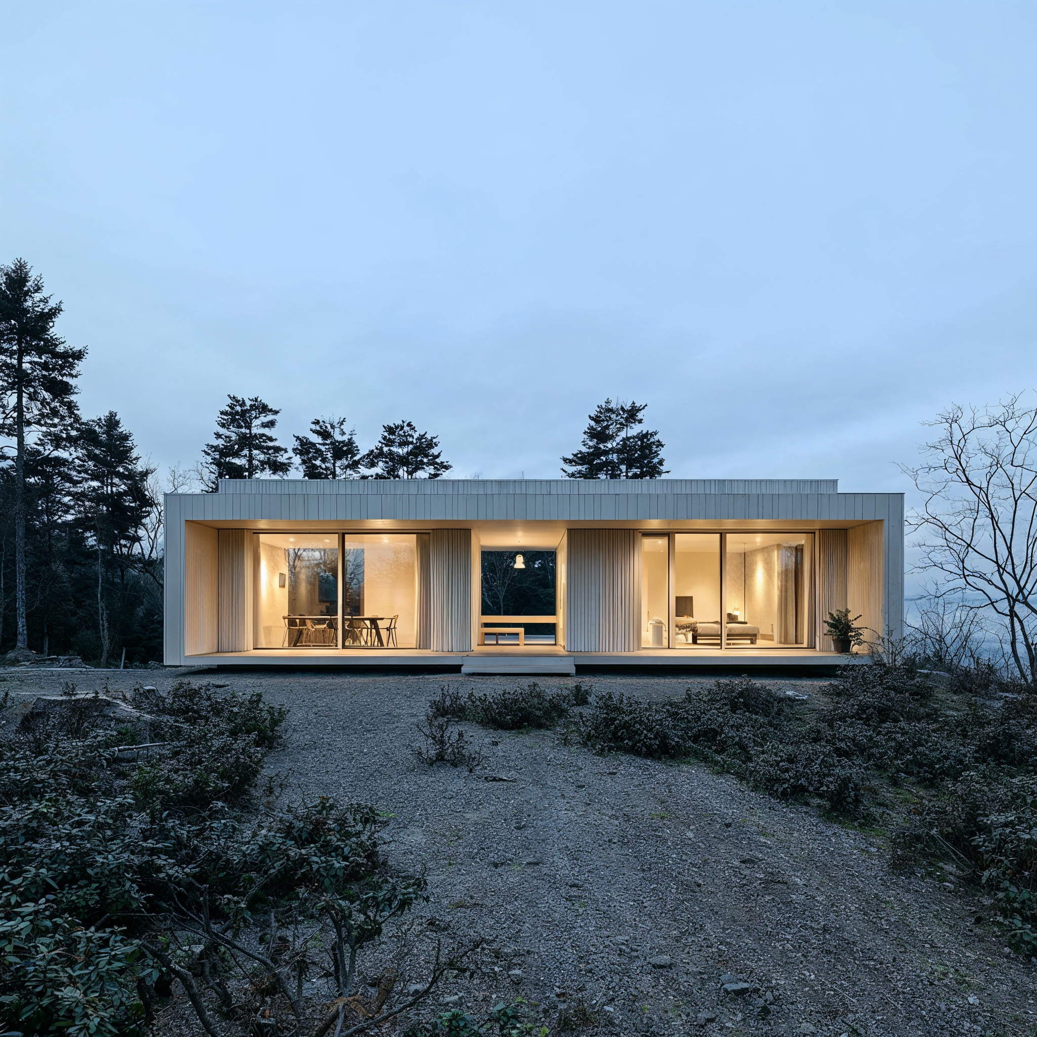 Modern white house with large windows, surrounded by leafless trees on snow-covered ground during dusk, with warm light glowing from the interior.