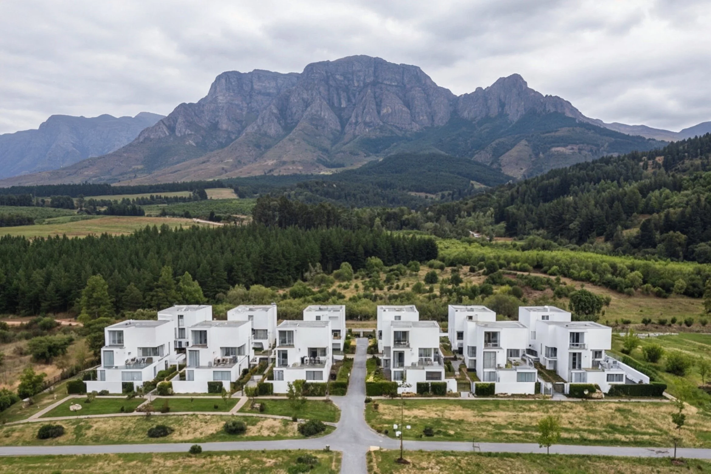 A modern residential area with white apartment buildings in the foreground, surrounded by green trees and fields, with mountains in the background under a cloudy sky.