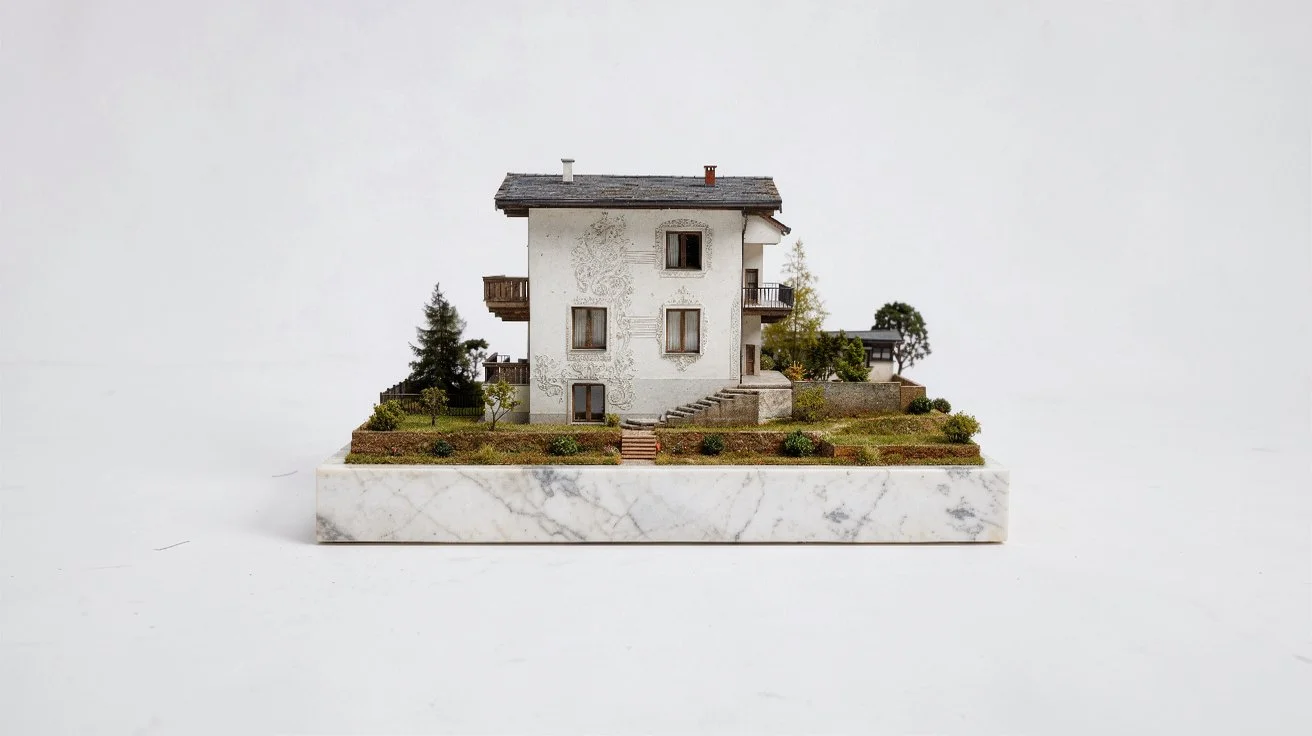 A modern, rectangular house with a geometric painted facade, three windows, and a green door, set on a small landscaped lawn with trees and flowers, against a plain white background.
