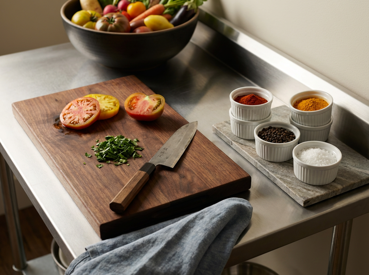A wooden cutting board with sliced heirloom tomatoes and chopped herbs, a chef's knife, and bowls of spices and seasonings on a kitchen countertop.