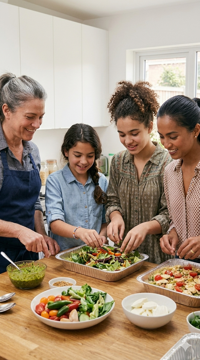 Four women and two girls preparing salads in a bright kitchen.