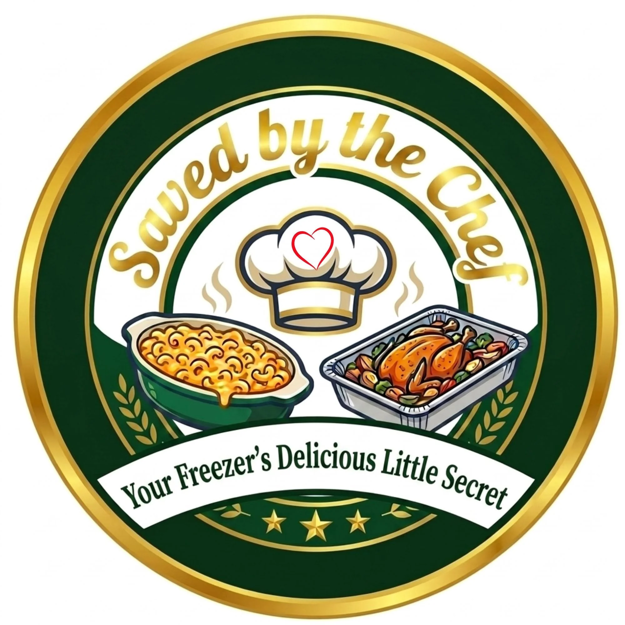 Logo with gold and green circular border, featuring a chef's hat with a heart, and images of food including macaroni and fried chicken, with text about a secret family recipe.