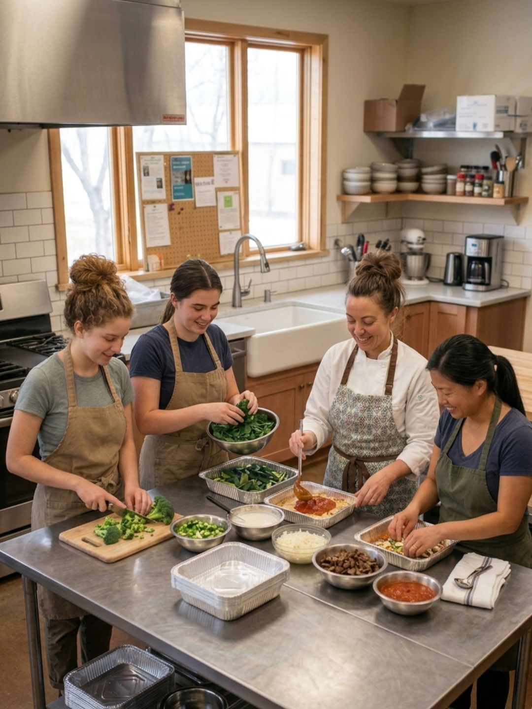Four women cooking together in a kitchen, preparing ingredients like broccoli and spinach with various bowls of food on the counter.