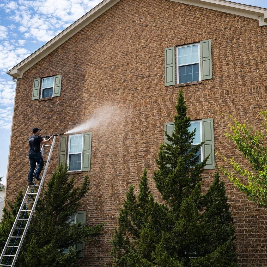 Person on a ladder pressure-washing a brick house's exterior wall, with green shutters and windows, in a residential area with trees and a partly cloudy sky.