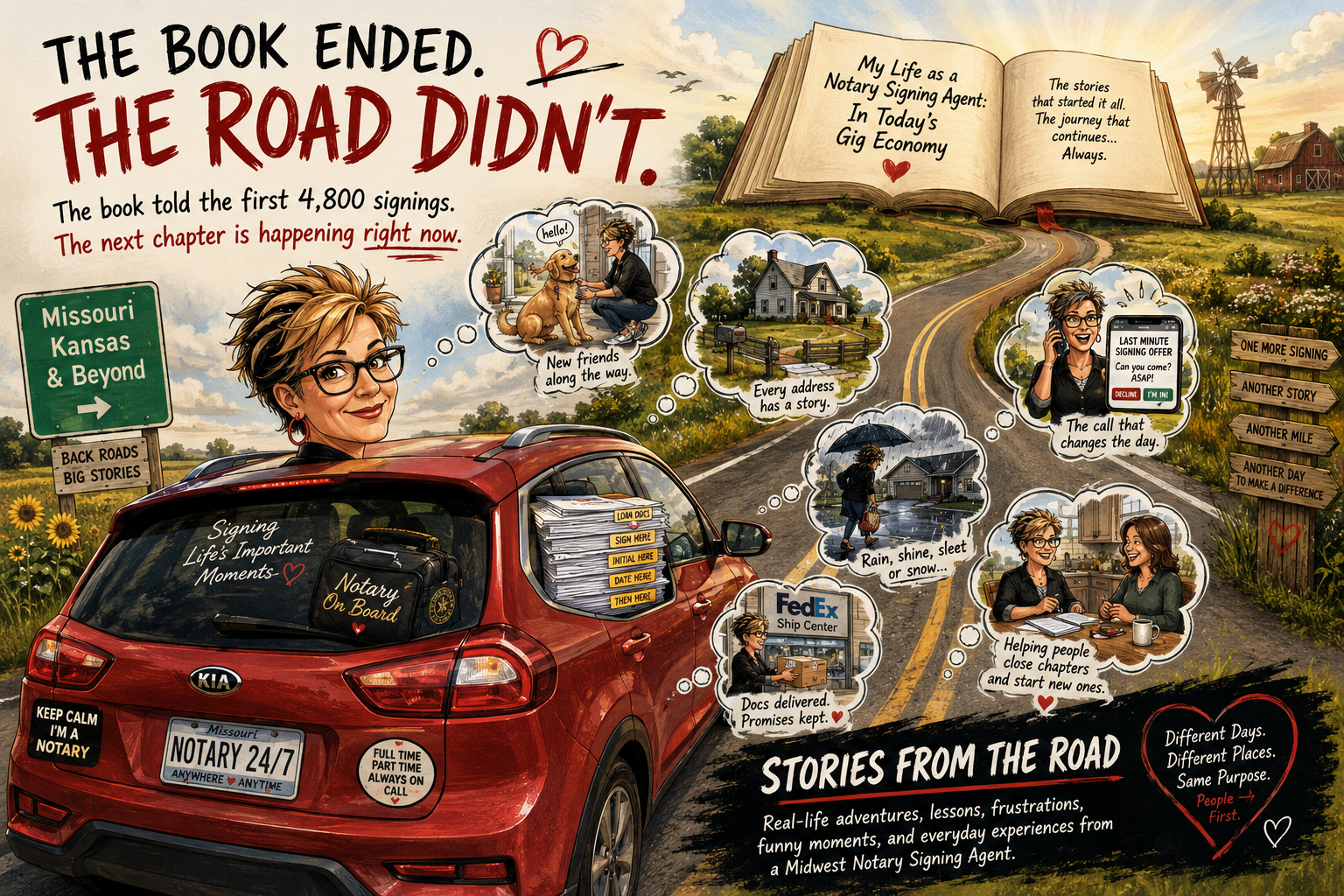 Colorful illustration of a car decorated for a notary signing service, with signs and notes on the car's rear and windshield. The scene includes a scenic countryside background with a winding road, windmill, and house. Various comic-style thought bubbles depict activities like signing documents, greeting new friends, and helping clients. Text highlights stories from the road, emphasizing adventure, lessons, and people.