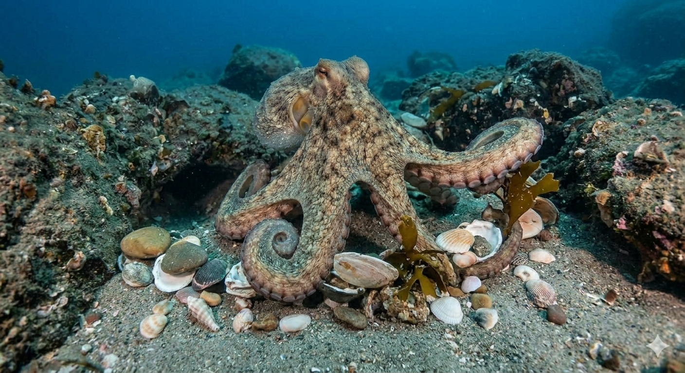 Tintenfisch auf dem Meeresboden mit Muscheln und Algen