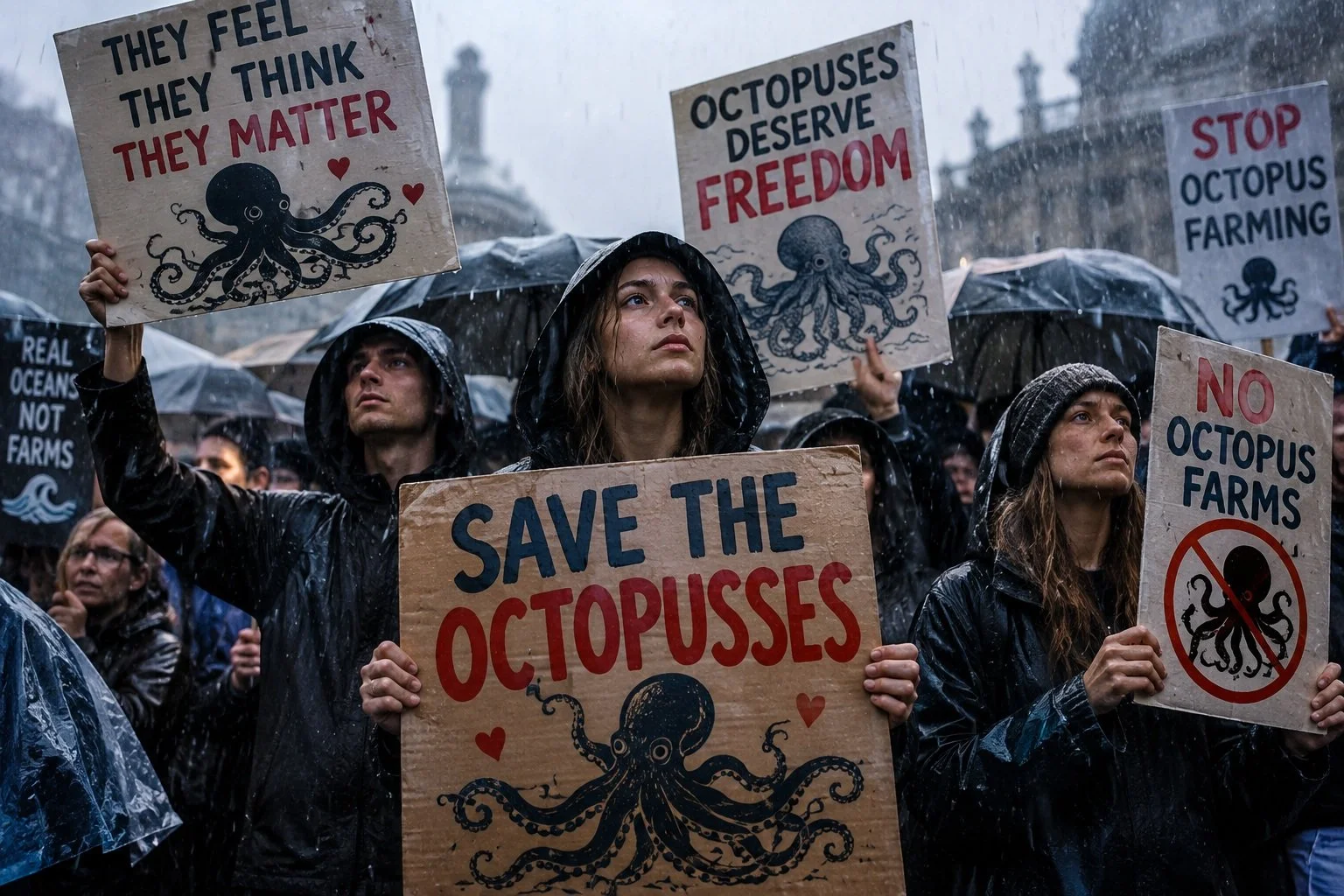 Menschen bei einer Demonstration im Regen halten Schilder mit Umweltschutzparolen gegen den Fischfang von Tintenfischen, mit Bildern eines Tintenfischs, in einer urbanen Umgebung mit historischen Gebäuden im Hintergrund.