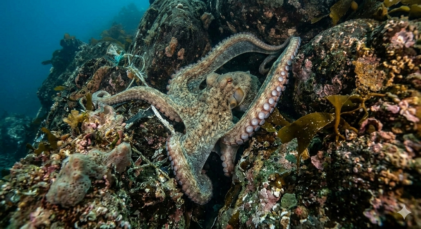 Ein Tintenfisch auf einem Korallenriff unter Wasser, umgeben von Fischen und bunten Korallen.